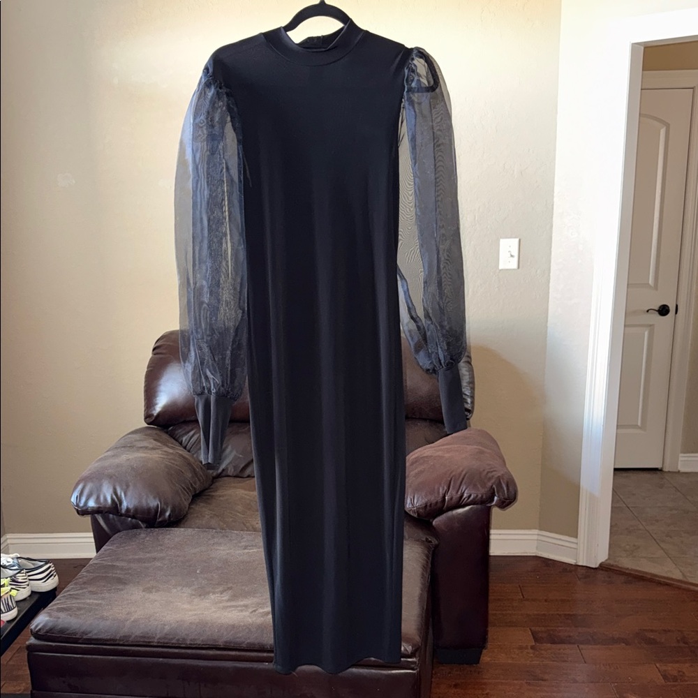 Chic Long Sleeve Black Dress with Sheer Details